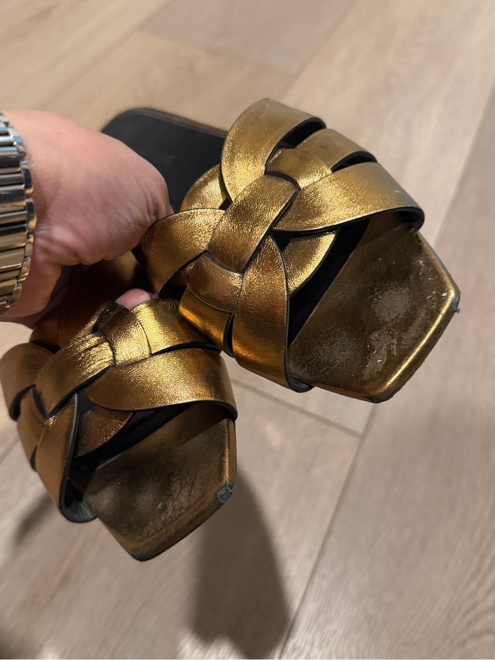 YSL Saint Laurent Women’s Metallic Bronze Slide Sandals - Braided Upper 7.5/38 - Picture 5 of 7